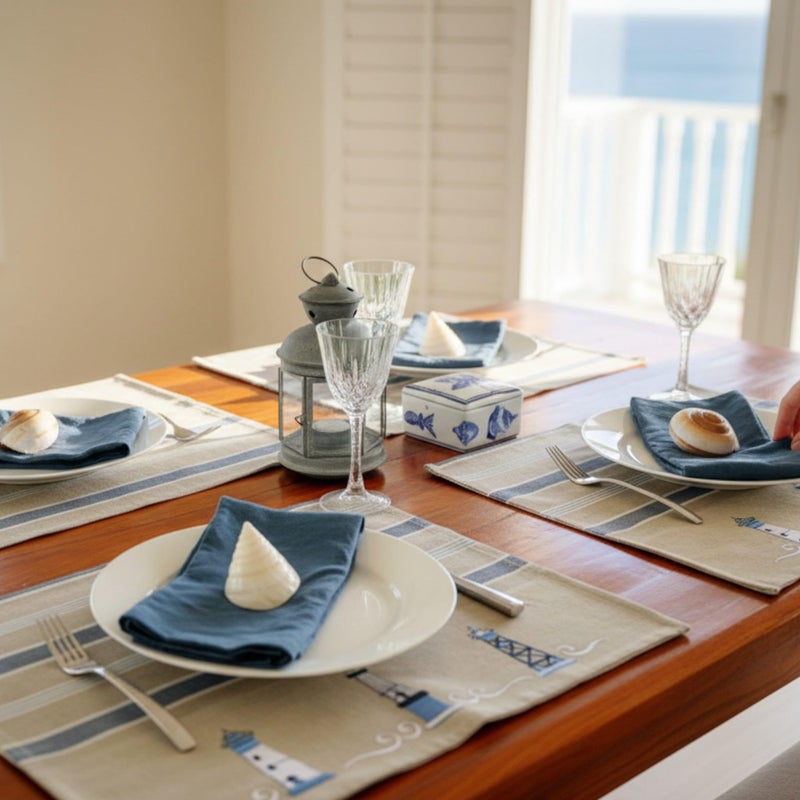 Eight Owls Nautical Placemats â€“ Set of 4 â€“â€“ Cotton Decorative Embroidered Design - Natural, Navy Blue and White (Lighthouse) - Image 5
